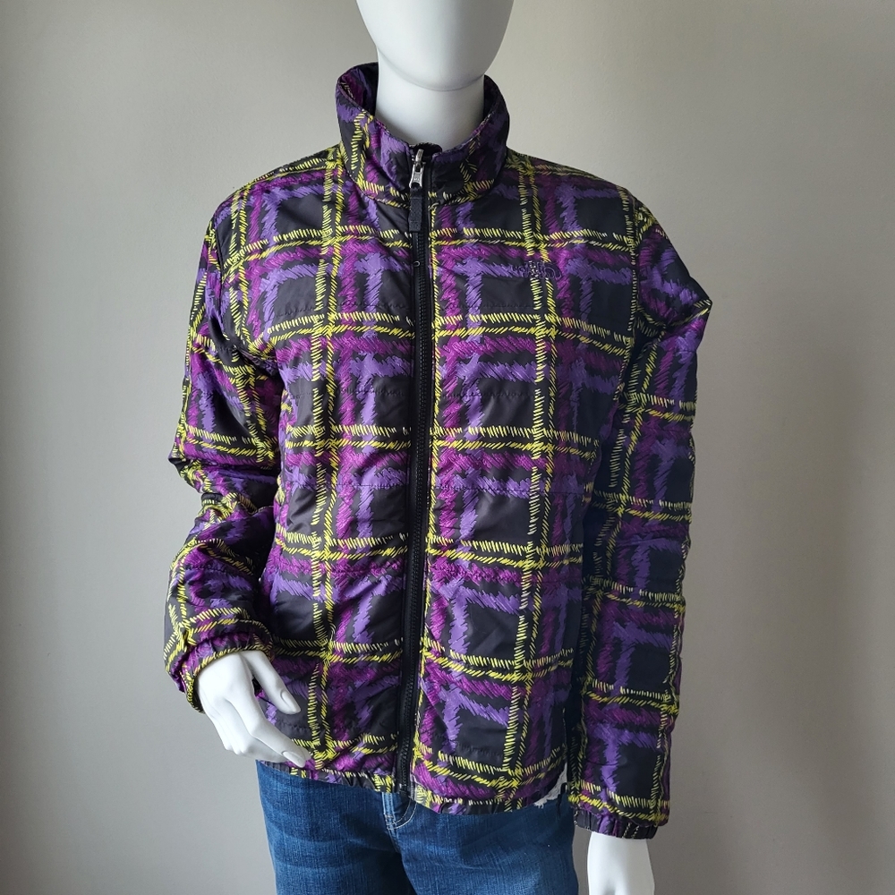 The North Face women lightweight checkered purple yellow puffy jacket Sz L